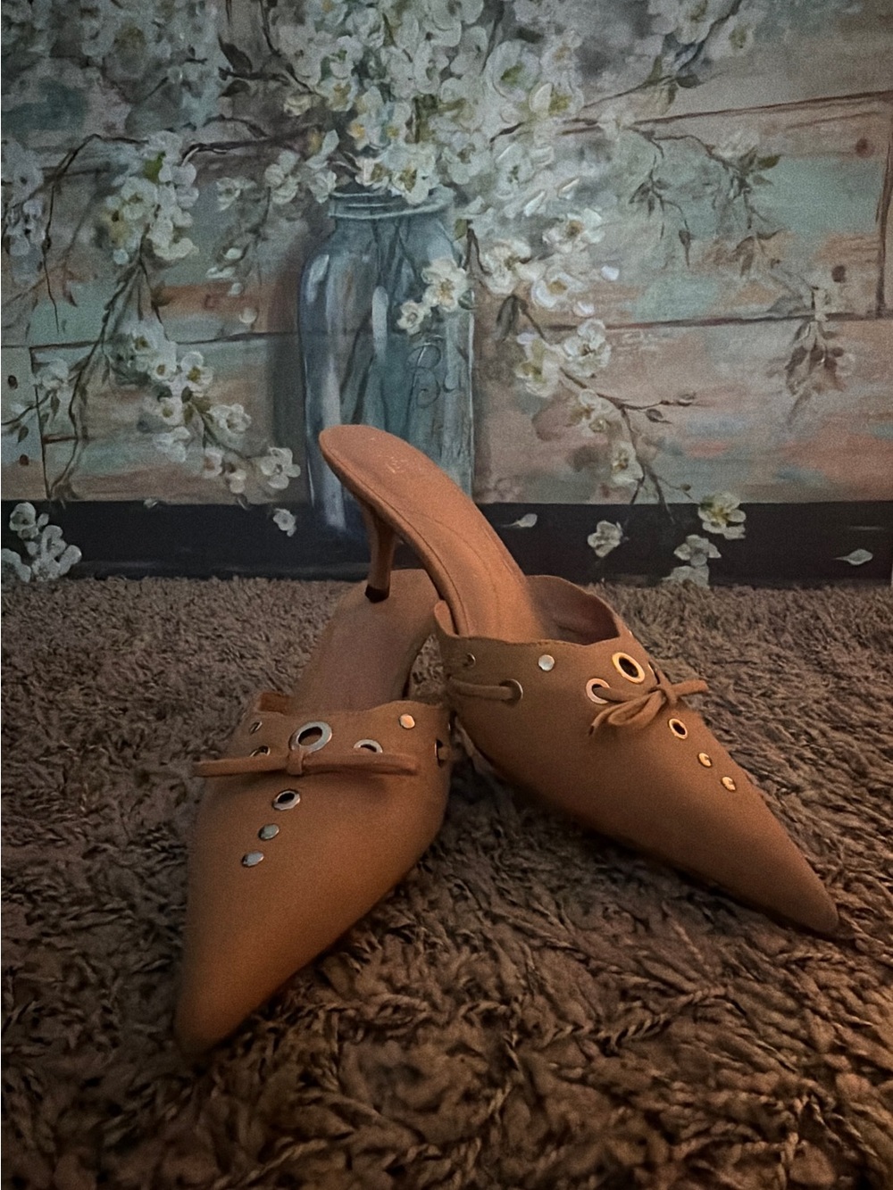 Time and Tru Tan Pointed-Toe Mule Slides with Eyelet Bow